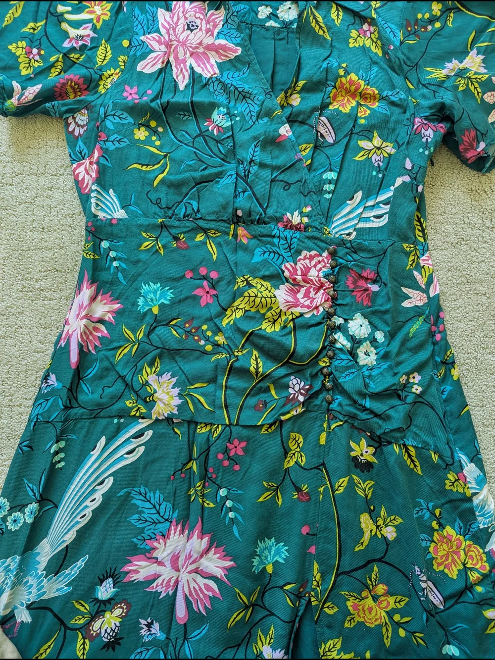 Maeve Anthropologie Button Front Shirt Dress 14 Green Floral Bird V-neck Slit - Picture 6 of 15